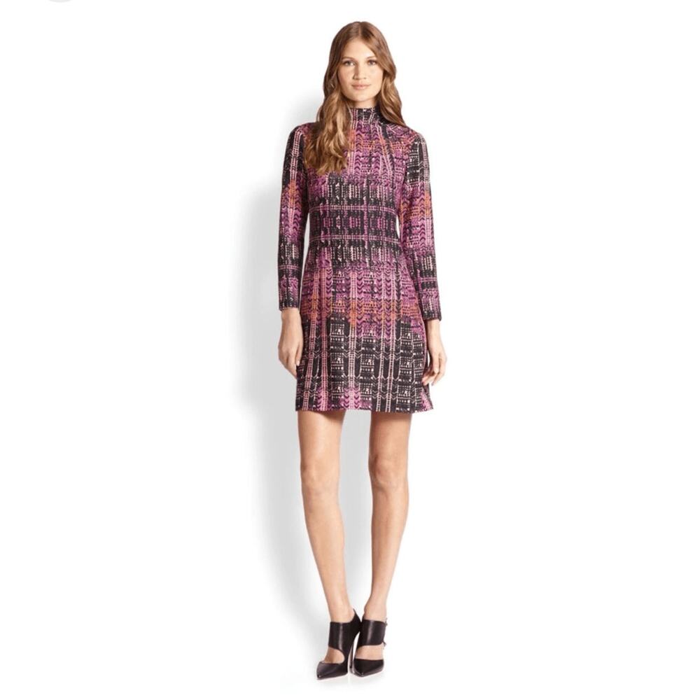 Nanette Lepore Mock Neck Long Sleeve Shift Dress Black Pink Orange Sz 2